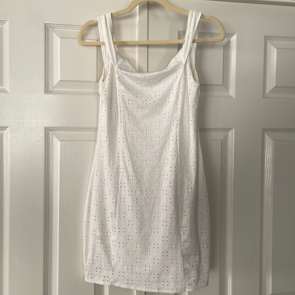 White tight eyelet mini dress